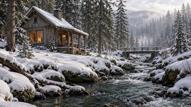 Wooden Cabin and Footbridge beside a Snowy Forest Stream