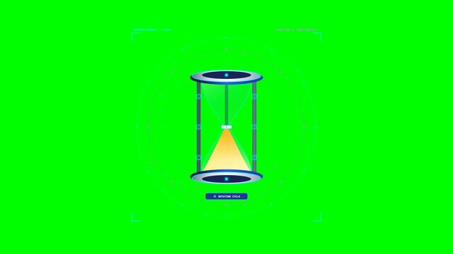 Futuristic glowing hourglass digital animation featuring seamless sand flow and rotating cycle progress interface for modern high tech video motion