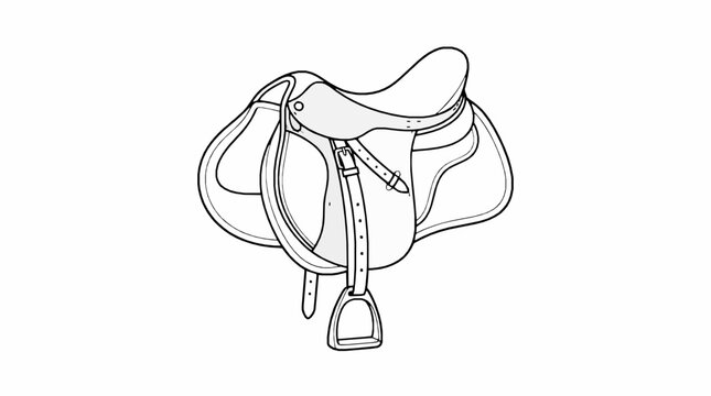 A simple black and white line drawing of a horse saddle on white background with illustration english horse