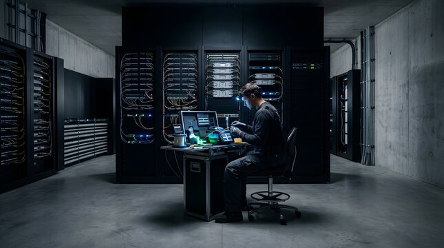 technician working with fiber optic cables inside modern server room