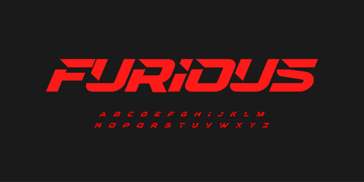 Furious sportive sans serif letters, bold automotive font for dynamic logo, high-speed headline, action-packed typography, race-inspired typographic design. Vector typeset