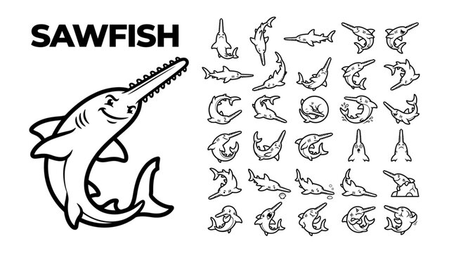 Sawfish Collection: A set of illustrative icons depicting a sawfish in various poses, alongside a larger detailed drawing of the marine creature.