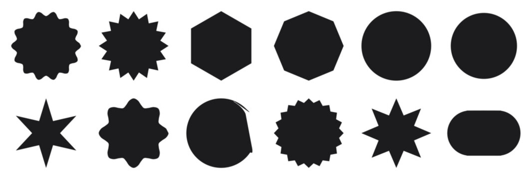 Black geometric shapes collection including circles stars hexagons and various badge forms for commercial design projects requiring diverse silhouettes arranged together for professional