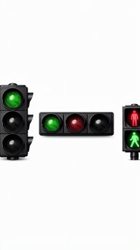 Collection of various traffic lights and pedestrian signals on white background