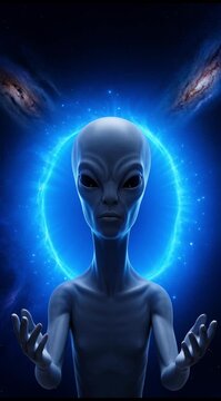Extraterrestrial grey alien creature standing before a glowing blue cosmic energy portal in deep space.