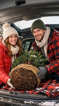 Happy couple holding a small pine tree in a car trunk during a snowy winter day