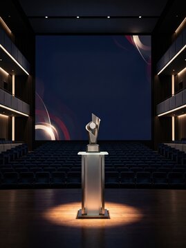Award trophy on illuminated podium on large auditorium stage