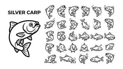 Obraz premium Silver Carp Illustrations: A collection of black and white illustrations showcasing a silver carp in various poses and expressions, highlighting its aquatic nature and adaptability.