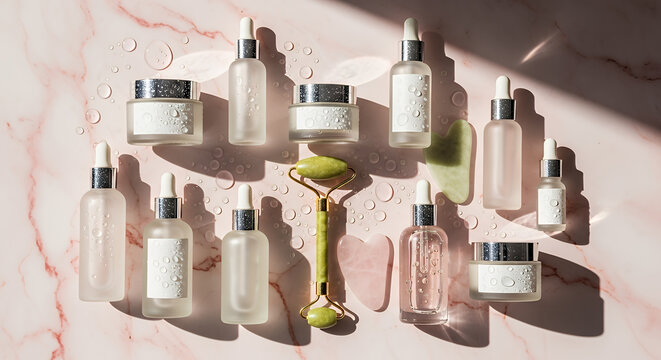 Professional skincare product collection arranged on marble surface with gua sha tool for spa treatments