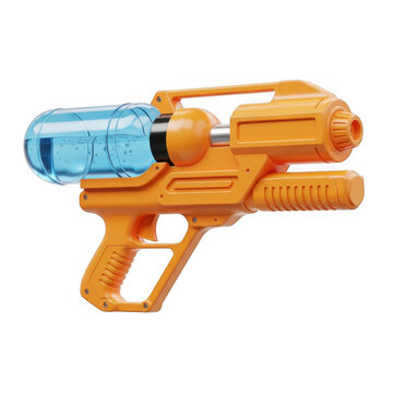 Orange plastic water gun with blue transparent reservoir filled with water for summer fun.