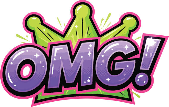 OMG! purple text with green crown in comic pop art style, isolated on white background.
