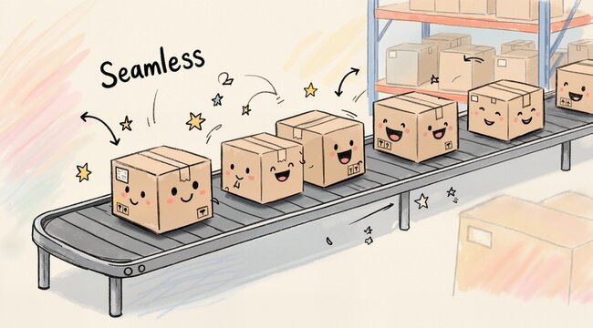 Multiple cardboard box packages seamlessly moving on conveyor belt in warehouse fulfillment center: A naive hand-drawn illustration of multiple cardboard box packages seamlessly moving on a conveyor b