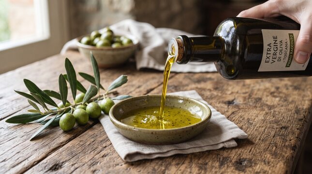 extra virgin liquid gold cooking ingredient salad dressing kitchen table rustic setting wooden surface ceramic bowl glass bottle hand pouring food photography gourmet food