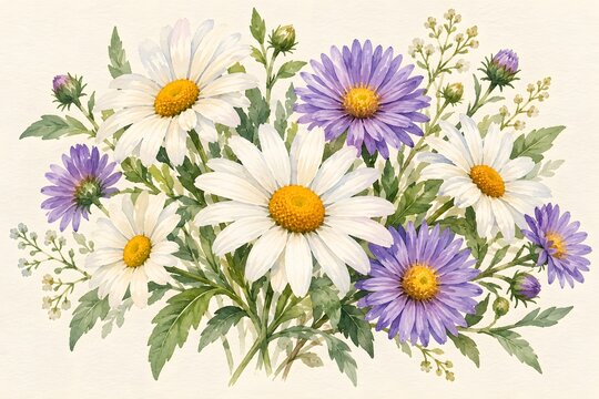 Delicate watercolor illustration of daisies and purple asters with soft painterly texture, ideal for stationery and greeting card design content.
