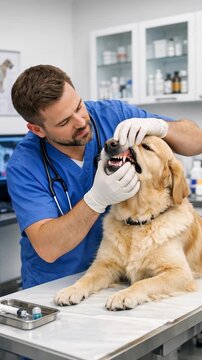 Male veterinarian examining the mouth of a golden retriever in a clinic