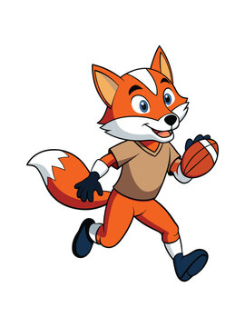 A vector illustration depicts an orange fox character running while holding an american football against a transparent background. 