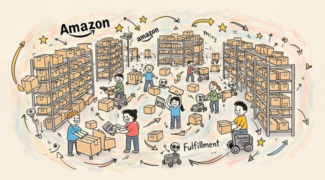 Artistic rendering of a busy Amazon fulfillment center with organized chaos: A naive hand-drawn illustration of a busy Amazon fulfillment center with organized chaos, using simple shapes, slightly cro