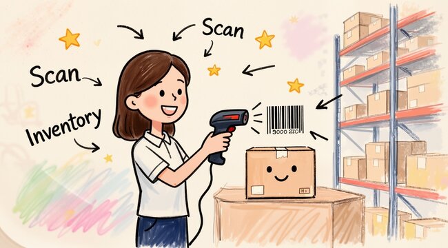 Female warehouse worker scanning a barcode on a package with a scanner. Logistics and inventory management in a modern distribution center: A naive hand-drawn illustration of a female warehouse worker