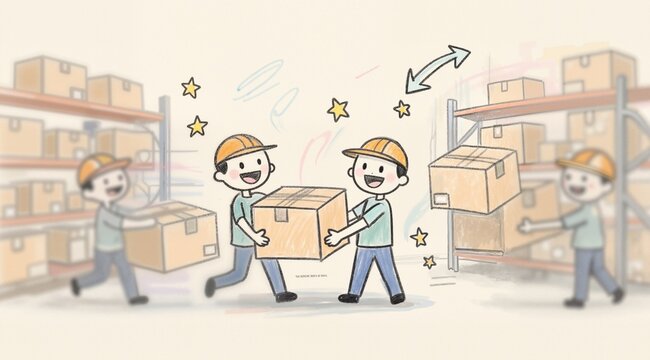 Blurred image of warehouse employees moving shipping boxes: A naive hand-drawn illustration of warehouse employees moving shipping boxes, with simple shapes, slightly crooked lines, and a hand-made gr