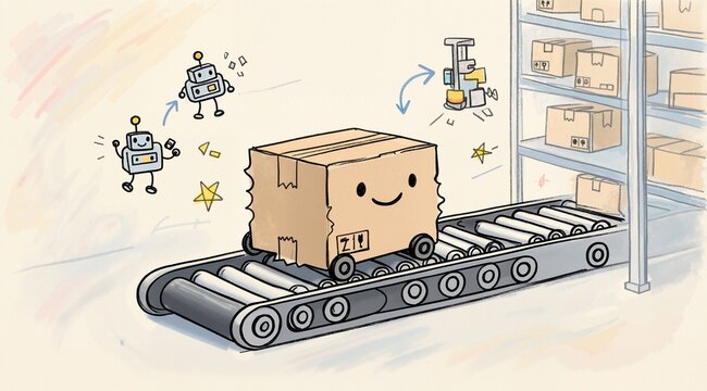 Cardboard box on a roller conveyor belt in a modern automated warehouse distribution center: A naive hand-drawn illustration of a cardboard box on a roller conveyor belt in a modern automated warehous