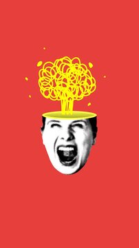 Halftone woman with exploding head. Mind blown. Expressive face. Information overload concept. Brain explosion. Stressed woman lets off steam. Emotion, anger control. Animated collage. Vertical video