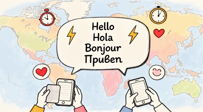 Global marketplace customer service chat, close-up on multi-language support and quick response icons: Create a naive hand-drawn illustration of a global marketplace customer service chat, focusing on