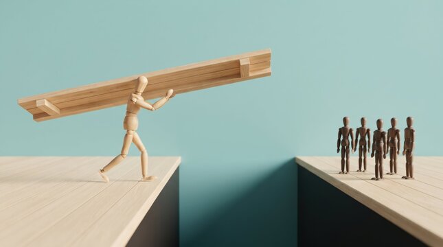 Person balancing on tightrope with wooden plank carrying help