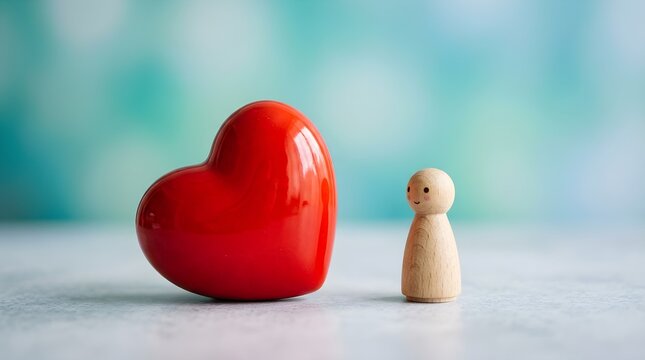 A small wooden figure stands near a large red heart symbolizing love affection and emotional connection on a white surface