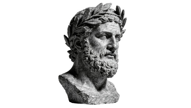 Ancient Greek marble bust of a bearded man with laurel wreath, isolated on transparent background