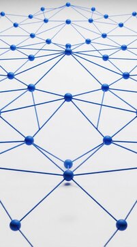 Abstract network grid of connected blue dots and lines on a white background. Symbolizes data flow, digital connections, and technological systems.