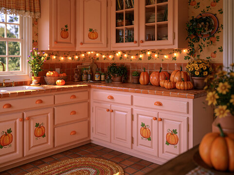 Charming pink retro kitchen decorated with glowing jack-o'-lanterns, fairy lights and cute pumpkin decals on cabinetry.