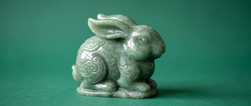 Green jade rabbit figurine with intricate design on a solid background  