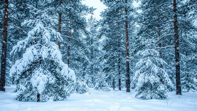Cinemagraph showing falling snow in a winter forest with pine trees and snow-covered ground