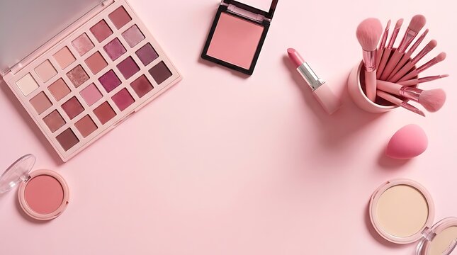 Top view of makeup brushes and eyeshadow palette with beauty products on a soft pink background. pink makeup tutorials