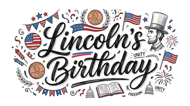 Lincoln's Birthday hand drawn lettering typography illustration with Abraham Lincoln portrait, American flags and patriotic doodles vector background.