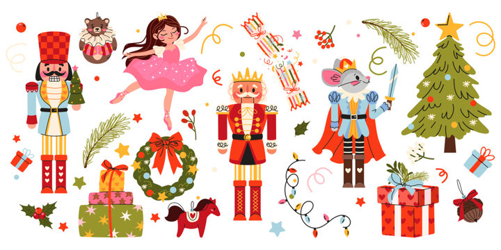 Christmas nutcracker illustration set with nutcracker soldiers, Mouse King, ballerina, Christmas tree, gifts, wreath, ornaments and festive decorations. Hand drawn cartoon style vector collection.