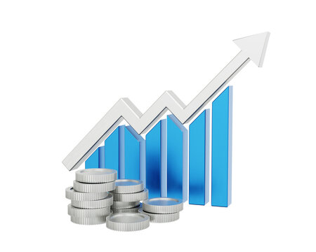 Stack of silver coins with growth graph icon on transparent background. Concept for Financial growth, high return on investment, ROI, Profit, Investment Strategy. 3d render
