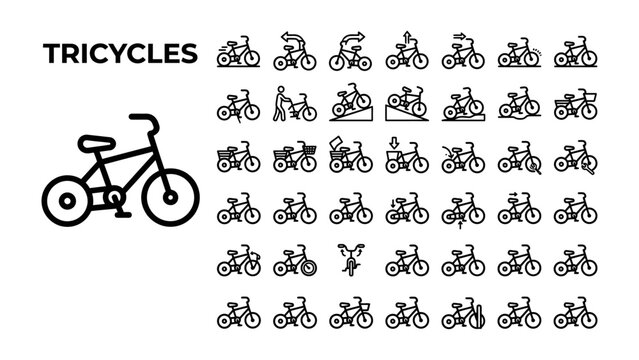 Tricycle Icons and Illustration: A collection of line art icons and a main illustration showcases various designs and styles of tricycles, perfect for graphic resources and transportation themes.