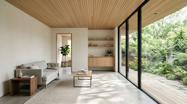 A bright and airy modern living room features expansive windows displaying beautiful lush greenery and a clean minimalist interior design aesthetic