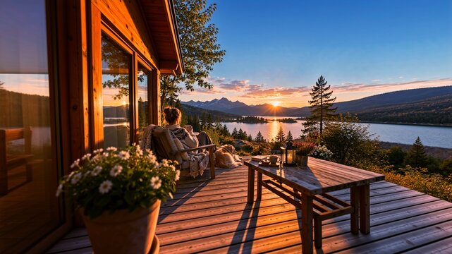 Cozy wooden cabin terrace overlooking serene alpine lake dramatic mountain range during golden sunset Woman relaxing in Adirondack chair with warm blanket beside peaceful lakeside retreat Rustic outdo
