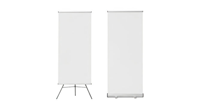 Two empty vertical banner stands isolated on transparent background