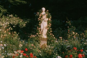 Obraz premium Statue surrounded by lush blooming flowers in a dreamy garden