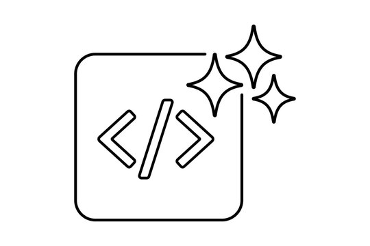 Artificial Intelligence AI Outline Code Brackets Icon in Dark Grey Frame with Sparkles isolated on transparent background smart coding script