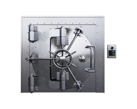 Modern Vault door icon on transparent background. Closed bank vault door with eye scanner and password entry. 3d render
