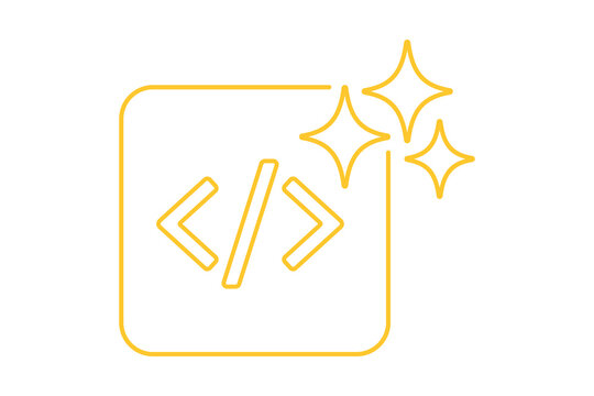 Artificial Intelligence AI Outline Code Brackets Icon in Gold Frame with Sparkles isolated on transparent background smart coding script