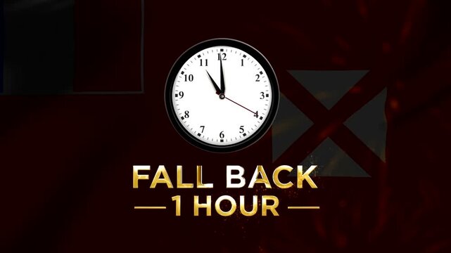 Analog wall clock showing daylight saving time fall back one hour concept with golden text