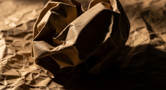 Crumpled brown paper bag on textured surface.