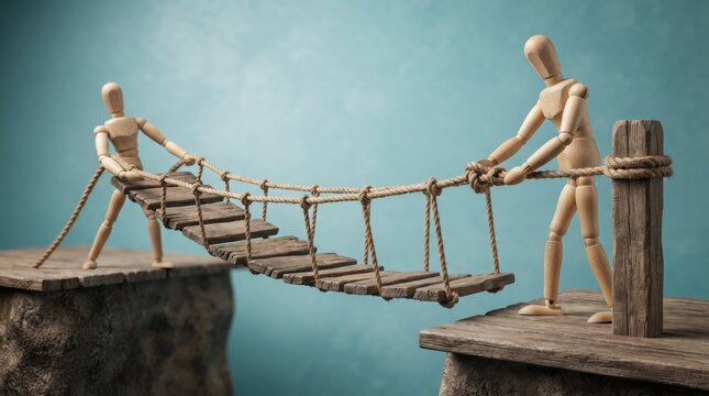 Two 3d cartoon people using a balancing beam bridge