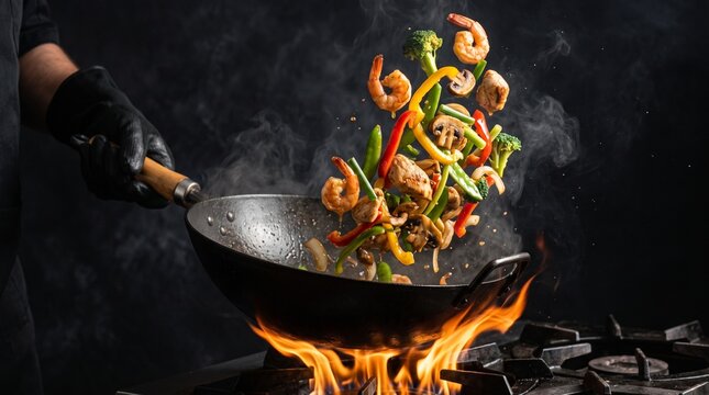 Action shot of stir fry tossed in a hot wok with flying shrimp, chicken, colorful bell peppers, sizzling flames and realistic steam on dark background