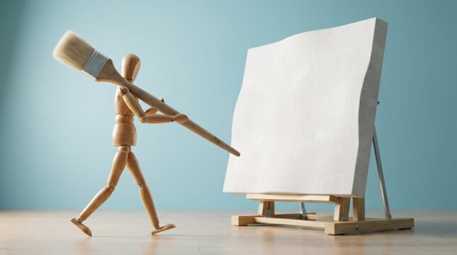 Wooden figure holding microphone in front of blank screen